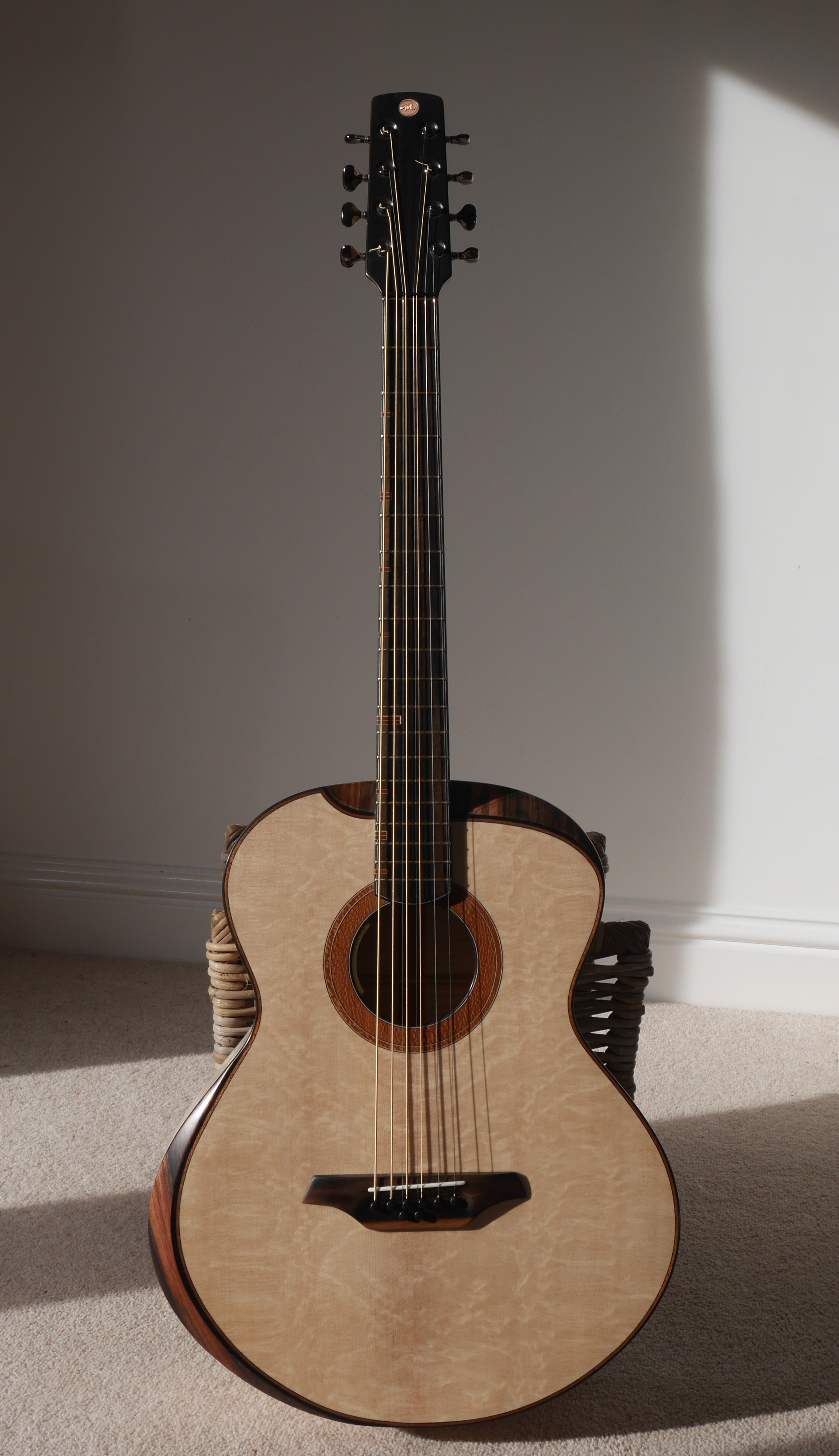 baritone guitar, made in Northern Ireland, carrickfergus, montgomery guitars. handmade, ebony, bear claw spruce, lacewood